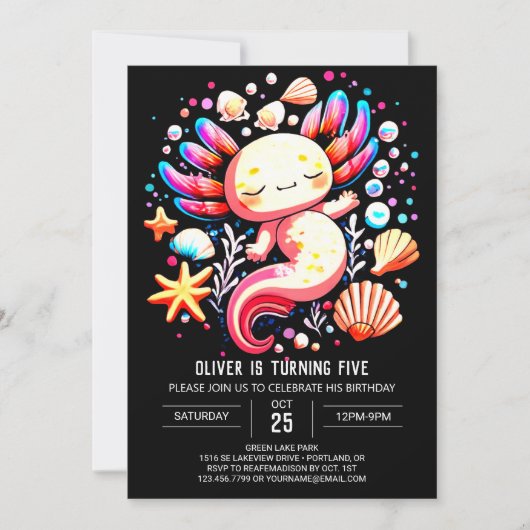 Pastel Axolotl Modern Geburtstag Einladung (Vorderseite)