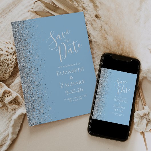 Pastel Baby Blue Silver Glitzer Save the Date Ankündigung