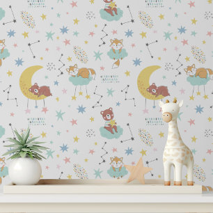 Pastel Baby Fox Bear Moon Stars Niedliches Kinderm Tapete