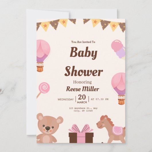 Pastel Baby Shower Invite – Balloons, Bear & Candy Einladung (Vorderseite)