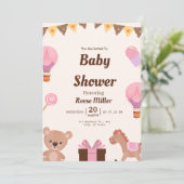 Pastel Baby Shower Invite – Balloons, Bear & Candy Einladung (Stehend Vorderseite)