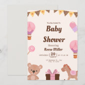 Pastel Baby Shower Invite – Balloons, Bear & Candy Einladung (Vorne/Hinten)
