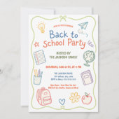 Pastel-Back-to-School-Party-Doodle Einladung (Vorderseite)