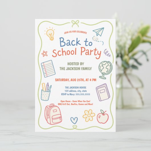 Pastel-Back-to-School-Party-Doodle Einladung (Stehend Vorderseite)