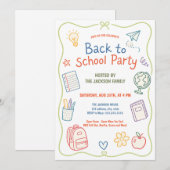 Pastel-Back-to-School-Party-Doodle Einladung (Vorne/Hinten)