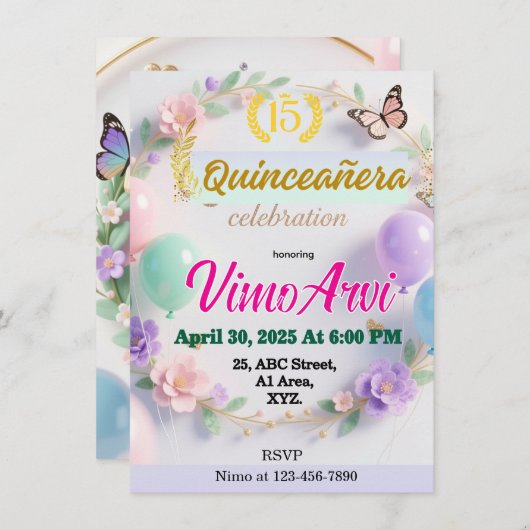 Pastel Ballons und Schmetterlinge Quinceañera Einladung (Vorne/Hinten)