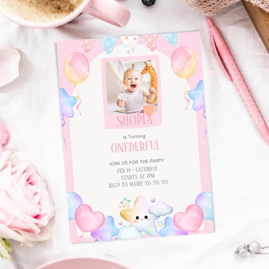 Pastel Balloon 1. Geburtstag Foto Einladung