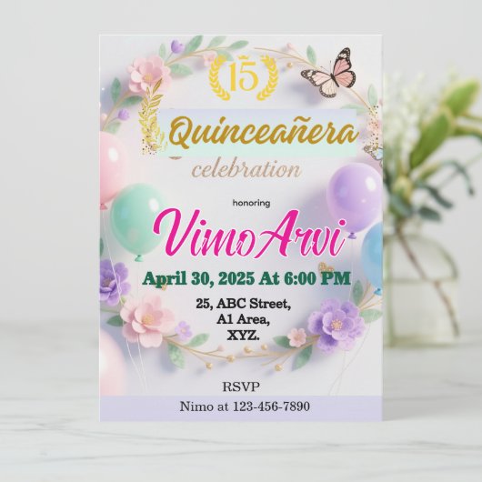 Pastel Balloons and Butterfly Quinceañera birthday Einladung (Stehend Vorderseite)