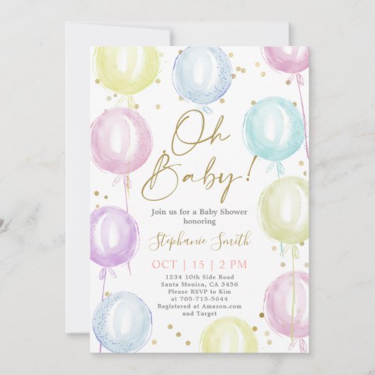Pastel Balloons Babydusche Einladung (Vorderseite)