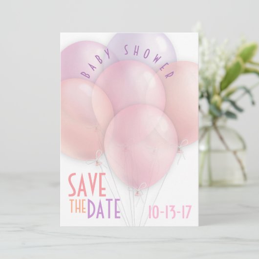 Pastel Balloons Babydusche Save the Date (Stehend Vorderseite)