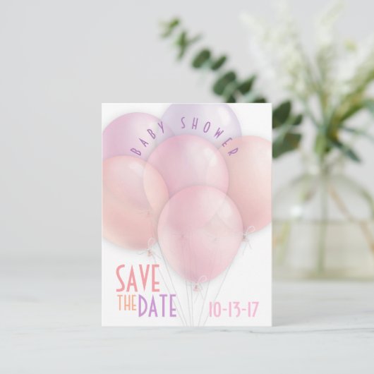 Pastel Balloons Babydusche Save the Date Ankündigungspostkarte (Stehend Vorderseite)