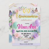 Pastel Balloons und Schmetterlinge Quinceañera Einladung (Vorne/Hinten)