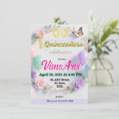 Pastel Balloons und Schmetterlinge Quinceañera Einladung (Stehend Vorderseite)