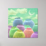 Pastel Barrel Cactus against clouded sky Collage Leinwanddruck<br><div class="desc">Moderne Collage Wall Art. Diese ist aus Kakteen in den Farben Grün, Rosa, lila, Blues und Gelb mit Mond und einem alten, getrübten Himmelshintergrund. Spaß, Mod und eklektische Ephemonie. Dies ist eine flache Oberfläche mit einer glatten Leinwand. Spaß, surreale Kunst mit einer Mischung aus Collage und digitaler Kunst, mit einem...</div>