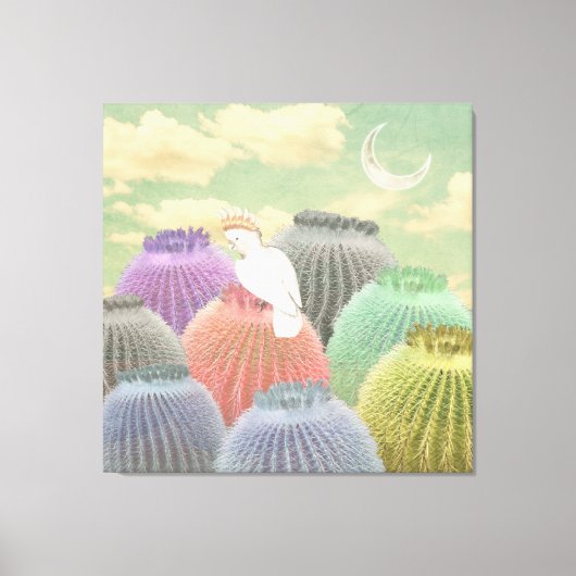 Pastel Barrel Cactus Parrot Moon sky Collage Leinwanddruck (Vorderseite)