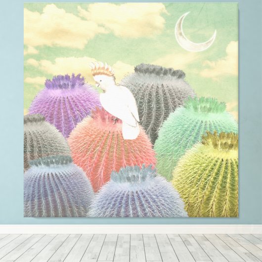Pastel Barrel Cactus Parrot Moon sky Collage Leinwanddruck (Insitu (Holzboden))