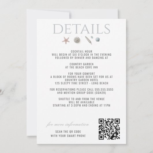 Pastel Beach Hochzeit Einladung mit QR & Details (Rückseite)