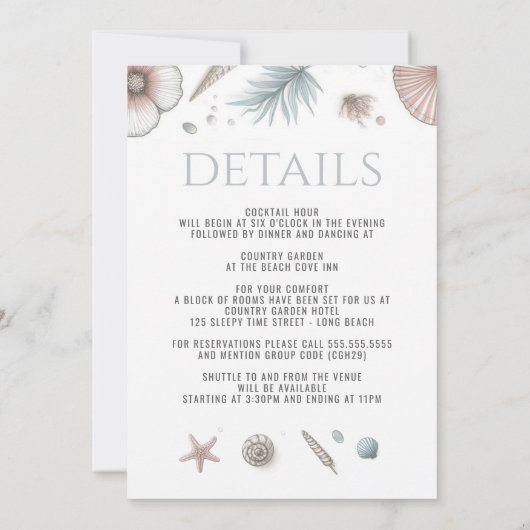 Pastel Beach Hochzeit mit Details Einladung (Rückseite)