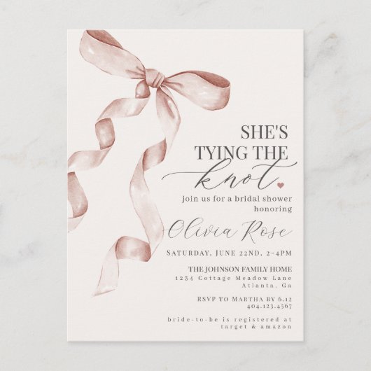 Pastel Beige Coquette Bow Brautparty Einladung Postkarte (Vorderseite)