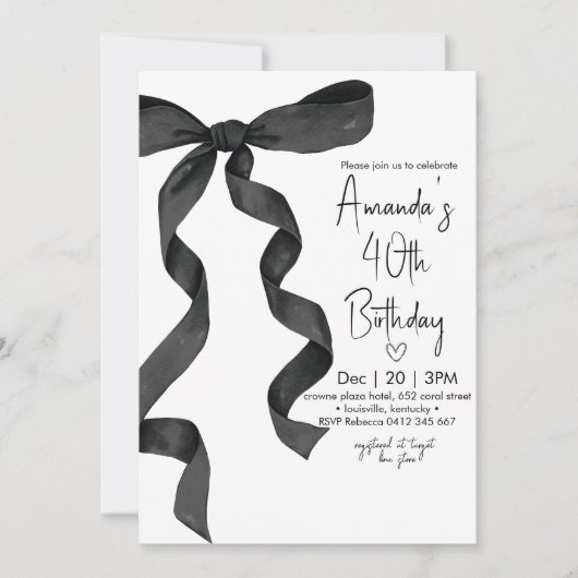 Pastel Black Bow Elegant Geburtstag Einladung (Vorderseite)