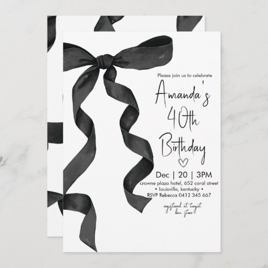 Pastel Black Bow Elegant Geburtstag Einladung (Vorne/Hinten)