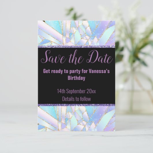PASTEL BLACK CRYSTAL SAVE THE DATE RSVP KARTE (Stehend Vorderseite)