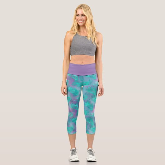 Pastel Blätter Leggings, weiche botanische Yoga-Pf Capri Leggings (Vorderseite)
