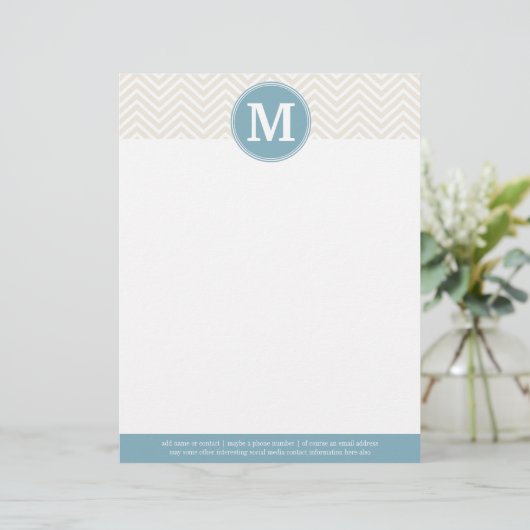 Pastel Blau und Linen Chevrons Custom Monogram Briefkopf (Stehend Vorderseite)