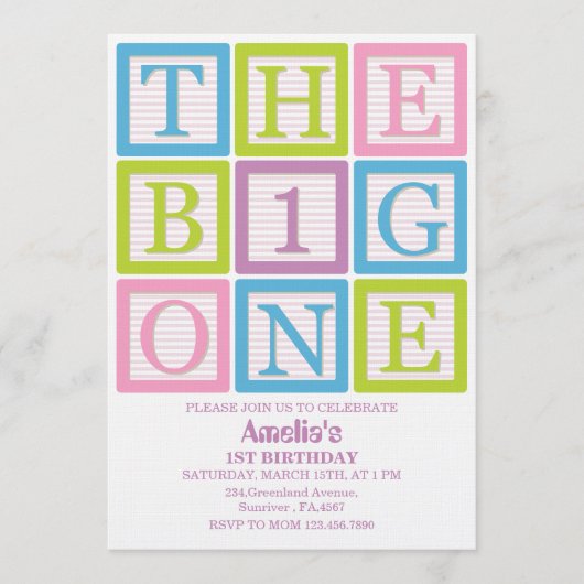 Pastel Block Letters The Big One Girl’s  Einladung (Vorderseite)