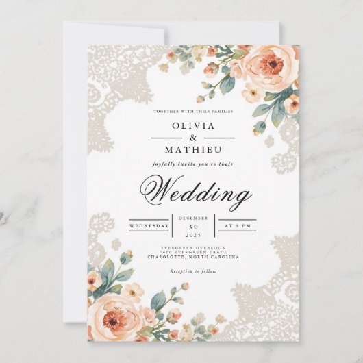 Pastel Blossom Lace Accent Wedding Einladung (Vorderseite)