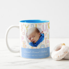 Pastel Blue ABC Birth Record Stat Baby Boys Foto Zweifarbige Tasse