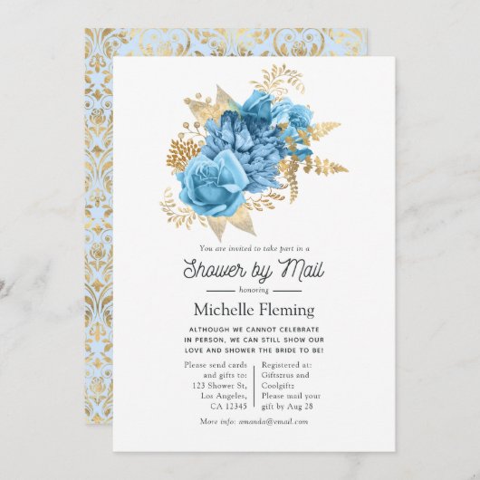 Pastel Blue and Gold Floral Shows by Mail Einladung (Vorne/Hinten)