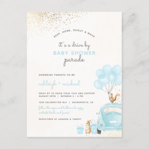 Pastel Blue Balloons Auto mit Baby-Dusche Einladungspostkarte