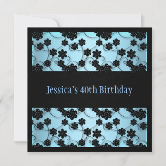 Pastel Blue & Black Blume 40. Geburtstag Einladung