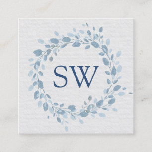 Pastel Blue Blätter Floral Monogram Wedding Planne Quadratische Visitenkarte