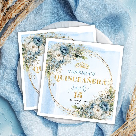 Pastel Blue Boho Floral Gold Glitter 15th Birthday Serviette
