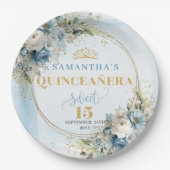 Pastel Blue Boho Floral Gold Glitter Quinceañera Pappteller (Vorderseite)