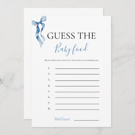 Pastel Blue Bow schätzt die Baby Food Game Card Einladung (Vorne/Hinten)