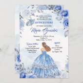 Pastel Blue Butterfly Quinceanera mexikanischer Ge Einladung (Vorne/Hinten)