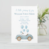 Pastel Blue Car & Balloons Boys Birthday Party - Einladung (Stehend Vorderseite)