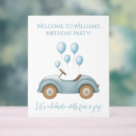 Pastel Blue Car & Balloons Geburtstagsparty - Acrylschild