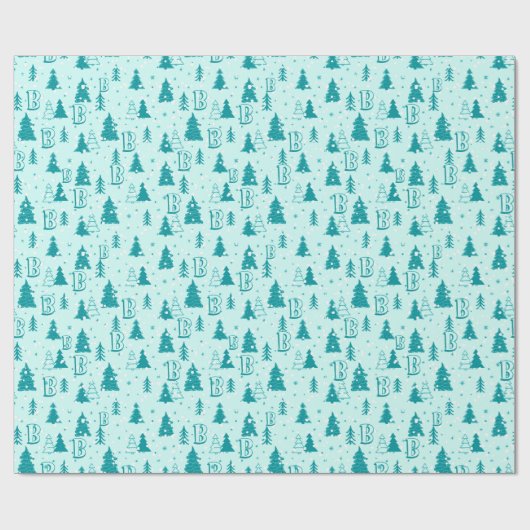 Pastel Blue Christmas Tree Custom Monogram Elegant Geschenkpapier (Flach)