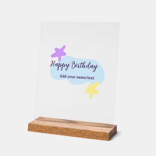 Pastel blue clouds stars purple happy birthday nam acrylschild (Winkel)