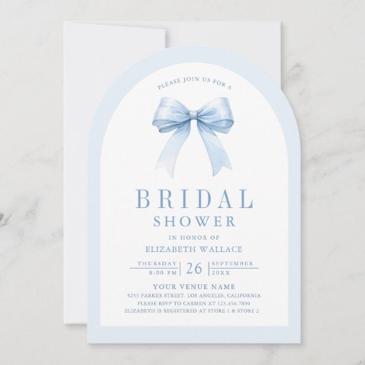 Pastel Blue Coquette Bow Arch Foto Brautparty Einladung (Vorderseite)