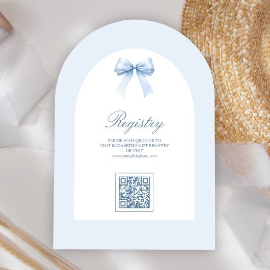 Pastel Blue Coquette Bow Arch QR Code Babydusche Einladung