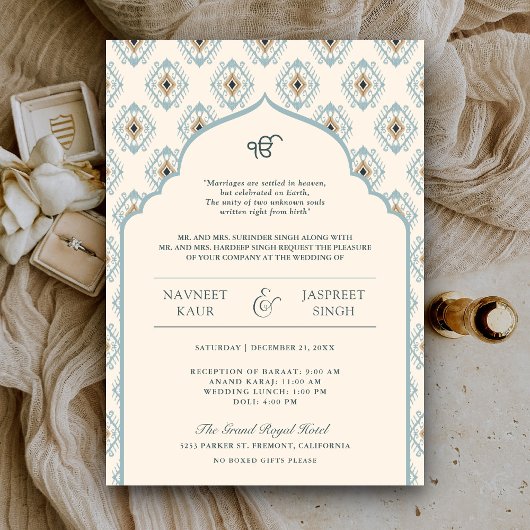 Pastel Blue Cream Ikat Anand Karaj Sikh Wedding Einladung