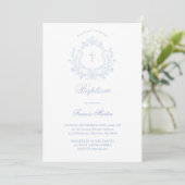 pastel blue crest baby boy Baptism Einladung (Stehend Vorderseite)