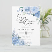 Pastel Blue Dusty Floral Light Boho Save the Date Einladung (Stehend Vorderseite)