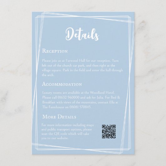 Pastel Blue Elegant QR Code Hochzeitdetails Begleitkarte (Vorderseite)