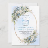 Pastel Blue Eucalyptus Floral Gold Baby Shower Einladung (Vorderseite)